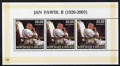 Haiti 2005 Pope John Paul II perf sheetlet #4 (Text in Polish) containing 3 values, unmounted mint (inscribed 19), stamps on , stamps on  stamps on personalities, stamps on  stamps on religion, stamps on  stamps on popes, stamps on  stamps on pope