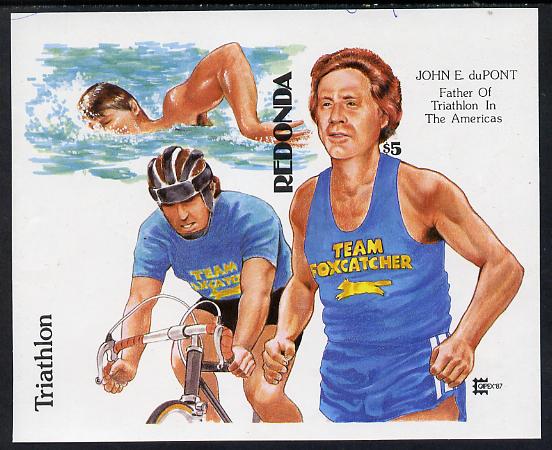 Antigua - Redonda 1987 Capex $5 m/sheet (unissued) showing Triathlete John duPont Running, Swimming & Cycling imperf from Format archive proof sheet unmounted mint, stamps on , stamps on  stamps on bicycles, stamps on stamp exhibitions, stamps on sport, stamps on swimming, stamps on running, stamps on triathlon, stamps on wrestling