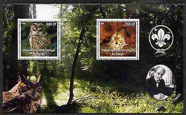 Congo 2004 Owls perf sheetlet containing 2 values with Scout Logo & Albert Schweitzer in background, unmounted mint, stamps on , stamps on  stamps on birds, stamps on  stamps on birds of prey, stamps on  stamps on owls, stamps on  stamps on scouts, stamps on  stamps on personalities, stamps on  stamps on literature, stamps on  stamps on nobel, stamps on  stamps on philosophy