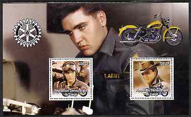 Congo 2004 Elvis Presley perf sheetlet containing 2 values with Rotary Logo & Motorbike in background, unmounted mint, stamps on , stamps on  stamps on personalities, stamps on  stamps on elvis, stamps on  stamps on films, stamps on  stamps on entertainments, stamps on  stamps on cinema, stamps on  stamps on music, stamps on  stamps on rotary, stamps on  stamps on motorbikes