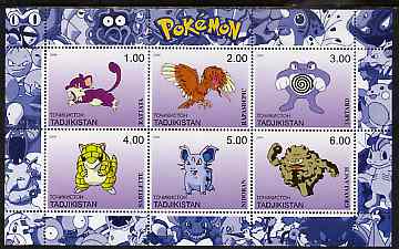 Tadjikistan 2000 Pokemon #3 perf sheetlet containing 6 values unmounted mint , stamps on , stamps on  stamps on pokemon, stamps on  stamps on children, stamps on  stamps on cartoons, stamps on  stamps on films, stamps on  stamps on cinema