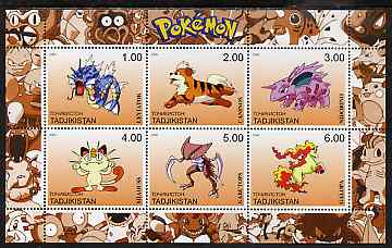 Tadjikistan 2000 Pokemon #5 perf sheetlet containing 6 values unmounted mint , stamps on , stamps on  stamps on pokemon, stamps on  stamps on children, stamps on  stamps on cartoons, stamps on  stamps on films, stamps on  stamps on cinema