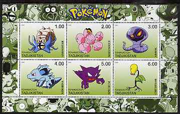 Tadjikistan 2000 Pokemon #6 perf sheetlet containing 6 values unmounted mint , stamps on , stamps on  stamps on pokemon, stamps on  stamps on children, stamps on  stamps on cartoons, stamps on  stamps on films, stamps on  stamps on cinema