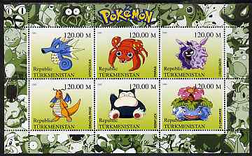 Turkmenistan 2000 Pokemon #6 perf sheetlet containing 6 values unmounted mint , stamps on , stamps on  stamps on pokemon, stamps on  stamps on children, stamps on  stamps on cartoons, stamps on  stamps on films, stamps on  stamps on cinema