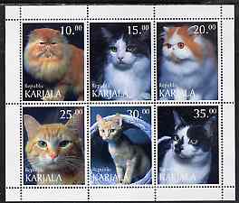 Karjala Republic 1998 Domestic Cats perf sheetlet containing 6 values unmounted mint , stamps on cats