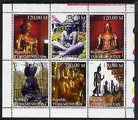 Turkmenistan 1997 Religious Idols of the Far East perf sheetlet containing 6 values unmounted mint , stamps on religion