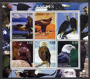 Tadjikistan 2000 Eagles perf sheetlet containing 6 values unmounted mint , stamps on birds, stamps on birds of prey, stamps on eagles