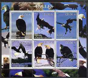 Turkmenistan 2000 Eagles perf sheetlet containing 6 values unmounted mint , stamps on birds, stamps on birds of prey, stamps on eagles