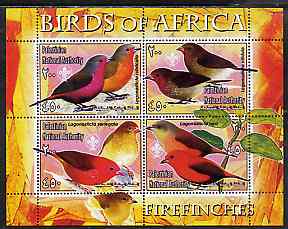 Palestine (PNA) 2005 Birds of Africa - Firefinches perf sheetlet containing 4 values each with Scout Logo unmounted mint. Note this item is privately produced and is offered purely on its thematic appeal, stamps on , stamps on  stamps on birds, stamps on  stamps on scouts