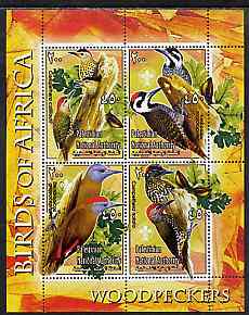 Palestine (PNA) 2005 Birds of Africa - Woodpeckers perf sheetlet containing 4 values each with Scout Logo unmounted mint. Note this item is privately produced and is offered purely on its thematic appeal, stamps on , stamps on  stamps on birds, stamps on  stamps on woodpeckers, stamps on  stamps on scouts