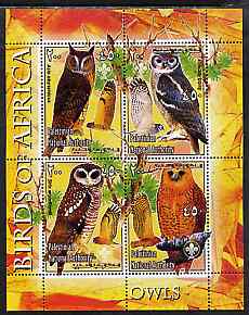 Palestine (PNA) 2005 Birds of Africa - Owls perf sheetlet containing 4 values each with Scout Logo unmounted mint. Note this item is privately produced and is offered purely on its thematic appeal, stamps on , stamps on  stamps on birds, stamps on  stamps on birds of prey, stamps on  stamps on owls, stamps on  stamps on scouts