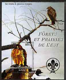 Congo 2004 Birds - Forets et Prairies de L'Est #1 (Bird of Prey) perf s/sheet with Scout Logo in background unmounted mint , stamps on birds, stamps on birds of prey, stamps on scouts
