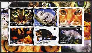 Tadjikistan 2000 Domestic Cats #3 perf sheetlet containing 6 values unmounted mint (horizontal format), stamps on , stamps on  stamps on cats