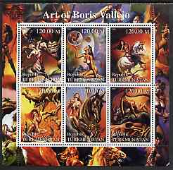 Turkmenistan 2001 Fantasy Art of Boris Vallejo perf sheetlet containing 6 values unmounted mint, stamps on arts, stamps on women, stamps on nudes, stamps on fantasy