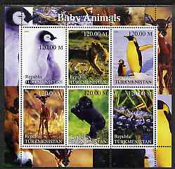 Turkmenistan 2000 Baby Animals perf sheetlet containing 6 values unmounted mint, stamps on animals, stamps on penguins, stamps on apes, stamps on cats, stamps on reptiles, stamps on birds, stamps on polar