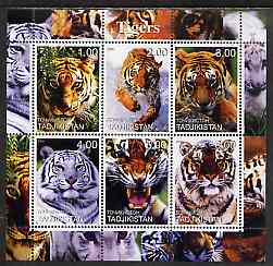 Tadjikistan 2000 Tigers perf sheetlet containing 6 values unmounted mint, stamps on , stamps on  stamps on animals, stamps on  stamps on cats, stamps on  stamps on tigers