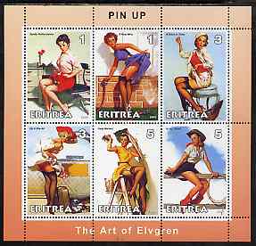 Eritrea 2001 Pin-Up Art of Gil Elvgren #2 perf sheetlet containing set of 6 values unmounted mint, stamps on , stamps on  stamps on arts, stamps on  stamps on women, stamps on  stamps on nudes, stamps on  stamps on fantasy