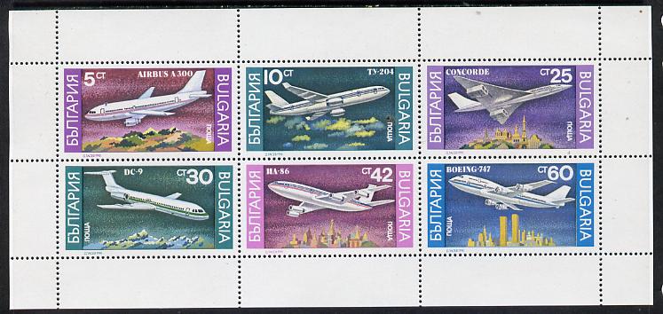 Bulgaria 1990 Airplanes sheetlet containing set of 6 unmounted mint, SG 3705-10 (Mi 3858-63), stamps on , stamps on  stamps on aviation        concorde