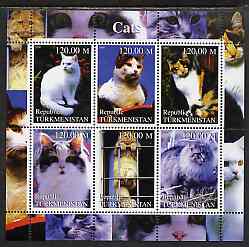 Turkmenistan 2000 Domestic Cats #3 perf sheetlet containing 6 values unmounted mint, stamps on , stamps on  stamps on cats