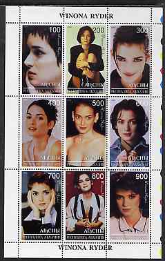 Abkhazia 1999 Winona Ryder perf sheetlet containing 9 values unmounted mint, stamps on , stamps on  stamps on women, stamps on  stamps on personalities, stamps on  stamps on films, stamps on  stamps on cinema, stamps on  stamps on movies