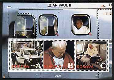 Kosova 2000 Pope John Paul II #2 perf sheetlet containing set of 3 values unmounted mint, stamps on , stamps on  stamps on religion, stamps on  stamps on pope, stamps on  stamps on personalities