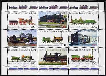 Mountain Badakhshan Autonomy 1997 ? Steam Locos perf sheetlet containing 9 values unmounted mint, stamps on , stamps on  stamps on railways