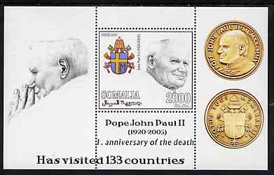 Somalia 2006 Pope John Paul II - First Anniversary of his Death perf s/sheet #1 showing Commemorative coins & Arms - Has Visited 133 Countries, unmounted mint, stamps on , stamps on  stamps on personalities, stamps on  stamps on pope, stamps on  stamps on coins, stamps on  stamps on arms, stamps on  stamps on heraldry