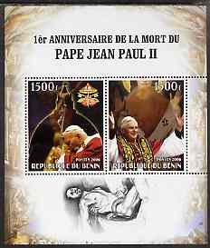 Benin 2006 Pope John Paul II - First Anniversary of his Death perf sheetlet containing 2 values, unmounted mint, stamps on , stamps on  stamps on personalities, stamps on  stamps on pope