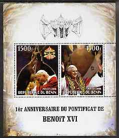 Benin 2006 First Anniversary of Pope Benedict XVI perf sheetlet containing 2 values, unmounted mint, stamps on , stamps on  stamps on personalities, stamps on  stamps on pope