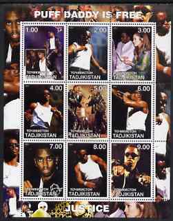 Tadjikistan 2001 Puff Daddy is Free perf sheetlet containing 9 values unmounted mint, stamps on personalities, stamps on entertainments, stamps on music, stamps on pops