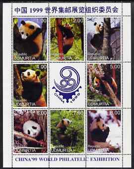 Udmurtia Republic 1999 Pandas perf sheetlet containing 8 values plus label for China 1999 Stamp Exhibition unmounted mint, stamps on , stamps on  stamps on animals, stamps on  stamps on bears, stamps on  stamps on pandas, stamps on  stamps on stamp exhibitions
