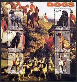 Tadjikistan 2001 Working Dogs special large perf sheet containing 6 values (Hunting scene in background) unmounted mint , stamps on , stamps on  stamps on dogs, stamps on  stamps on hunting