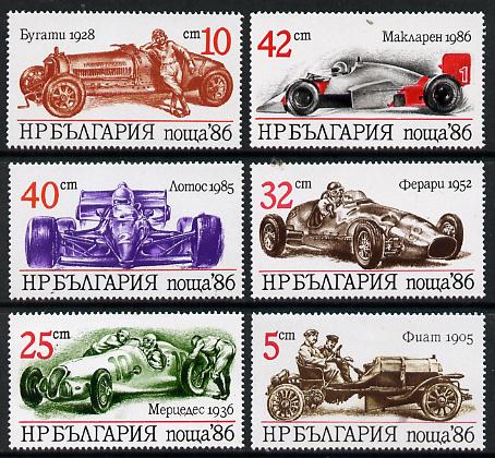 Bulgaria 1986 Racing Cars set of 6 unmounted mint, SG 3399-3404 (Mi 3537-42)*, stamps on cars, stamps on fiat, stamps on bugatti, stamps on mercedes, stamps on ferrari, stamps on lotus, stamps on maclaren