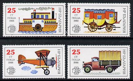 Bulgaria 1988 Bulgaria 89 Stamp Exhibition (Mail Transport) set of 4 unmounted mint, SG 3579-82 (Mi 3724-27)*, stamps on , stamps on  stamps on aviation    postal  ships  transport     stamp exhibitions        trucks