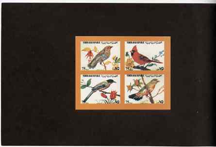 Yemen - Republic 1980 (?) Birds #2 imperf set of 4 plus s/sheet each on Cromalin paper mounted in special folder by the printers, Ueberreuter, stamps on , stamps on  stamps on birds