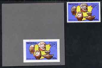 Nigeria 1985 World Tourism Day 50k Nigerian Crafts imperf machine proof mounted on grey card similar to issued stamp as submitted for approval, plus issued stamp, stamps on crafts, stamps on artefacts
