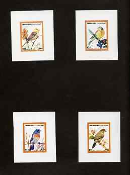 Yemen - Republic 1980 (?) Birds #3 imperf set of 6 each on Cromalin paper mounted in special folder by the printers, Ueberreuter, stamps on birds
