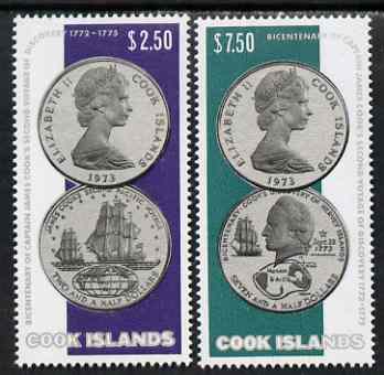 Cook Islands 1974 Bicentenary of Cook's Second Voyage perf set of 2 (coins) SG 492-93 unmounted mint, stamps on , stamps on  stamps on cook, stamps on  stamps on explorers, stamps on  stamps on coins, stamps on  stamps on ships