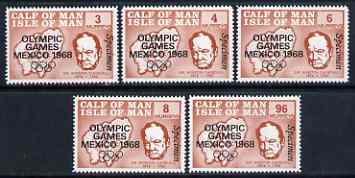 Calf of Man 1968 Olympic Games Mexico overprinted on Churchill perf set of 5 in brown each additionally overprinted SPECIMEN (as Rosen CA123s-27s) unmounted mint, stamps on , stamps on  stamps on churchill, stamps on  stamps on personalities, stamps on  stamps on maps, stamps on  stamps on sport, stamps on  stamps on olympics