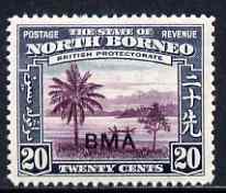 North Borneo 1945 BMA overprinted on River Scene 20c unmounted mint, SG 329*, stamps on tourism, stamps on rivers, stamps on 