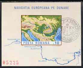 Rumania 1977 European Navigation of the Danube 10L imperf m/sheet fu Mi BL147, stamps on maps, stamps on rivers