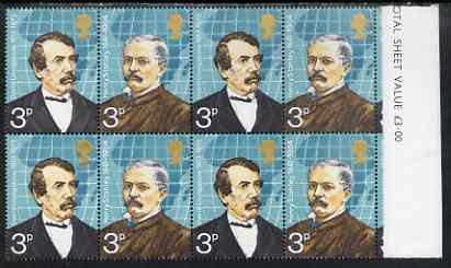 Great Britain 1973 British Explorers 3p marginal block of 8, one stamp with 'Livingstone's shirt detail missing' (R3/7) unmounted mint, SG 903 v288, stamps on , stamps on  stamps on explorers, stamps on  stamps on livingstone, stamps on  stamps on scots, stamps on  stamps on scotland