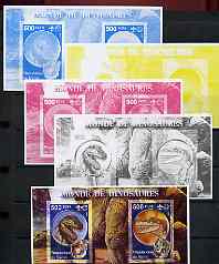 Benin 2002 World of Dinosaurs (& Minerals) imperf m/sheet containing 2 values each with Scout Logo, the set of 5 progressive proofs comprising the 4 individual colours pl..., stamps on dinosaurs, stamps on minerals, stamps on scouts