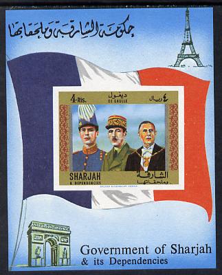 Sharjah 1970 Charles de Gaulle imperf m/sheet (with flag, Eiffel Tower & Arc d'Triumph) Mi BL 65 unmounted mint, stamps on buildings, stamps on constitutions, stamps on flags, stamps on monuments, stamps on personalities, stamps on civil engineering, stamps on de gaulle, stamps on eiffel tower, stamps on personalities, stamps on de gaulle, stamps on  ww1 , stamps on  ww2 , stamps on militaria