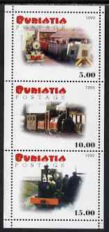 Buriatia Republic 1999 Narrow Guage Trains perf sheetlet containing 3 values unmounted mint, stamps on , stamps on  stamps on railways