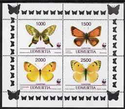 Udmurtia Republic 1997 WWF - Butterflies perf sheetlet containing complete set of 4 unmounted mint, stamps on , stamps on  stamps on , stamps on  stamps on  wwf , stamps on  stamps on butterflies