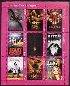 Tatarstan Republic 2001 Film Posters #4 (Best Horror Films) perf sheetlet containing set of 9 values unmounted mint, stamps on films, stamps on cinema, stamps on entertainments, stamps on dinosaurs