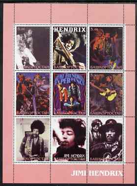 Bashkortostan 2000 Jimi Hendrix perf sheetlet containing 9 values unmounted mint, stamps on music, stamps on pops, stamps on personalities, stamps on rock, stamps on 