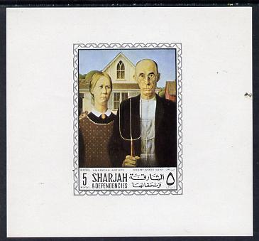 Sharjah 1968 American Artists imperf sheetlet containing 5R value (Grant Wood Gent) unmounted mint as Mi 455, stamps on , stamps on  stamps on arts