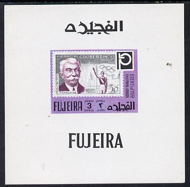 Fujeira 1972 Philympia Stamp Exhibition imperf sheetlet containing 3R value showing Coubertin on Olympic stamp of France as Mi 1460, stamps on , stamps on  stamps on olympics, stamps on personalities, stamps on sport, stamps on stamp on stamp, stamps on stamp exhibitions, stamps on  stamps on stamponstamp